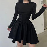 Aiertu - Corset Detail Black Long Sleeve Mini Dress Aiertu