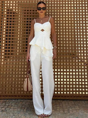 Aiertu - Elegant Ruffled Hem Tank Top Pants Set Women Sleeveless Backless Slim Vest High Waist Straight Trousers Suit 2026 Summer Chic Aiertu