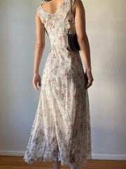 Aiertu French Chic Elegant Flower Print Women Dress Lace Trim Ruched Slim Long Dress Summer New Clothes Aiertu