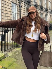 Aiertu - Autumn Women Turndown Collar Faux Fur Casual Jacket Fashion Long Sleeve Warm Cropped Female Coat New Lady Chic Streetwear Aiertu