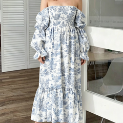 AIERTU - Woman Vintage Floral Dress Puff Long Sleeve Off Shoulder Ruffle Long Dress Spring Fall Casual Vintage Bohemian Dresses Aiertu
