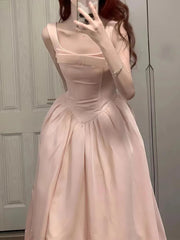Aiertu - French Style Hot Girl Pink Dress Women's Spring Slim Fit Square Collar Strap A-line Dress Fashion Female Clothes Aiertu