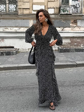 Aiertu - Dots Print Long Dresses Women Sexy V Neck Puff Sleeve Ruffle Maxi Dress Summer Elegant Casual Fashion A-line Vestidos New Aiertu
