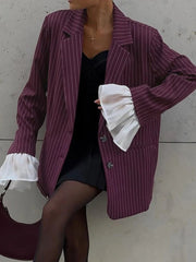 Aiertu - Patchwork Notched Collar Lace Women Blazer Flare Sleeve Single Breasted Jacket Femme Winter Loose Casual Women Coat Aiertu