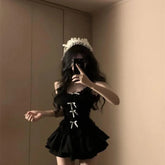Aiertu - Sexy High Street Black Two Piece Sets Y2k Aesthetic Patchwork Lace Slim Bow Design Tank Top Punk A-line Tiered Girl Skirts Aiertu