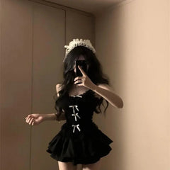 Aiertu - Sexy High Street Black Two Piece Sets Y2k Aesthetic Patchwork Lace Slim Bow Design Tank Top Punk A-line Tiered Girl Skirts Aiertu