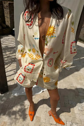 Aiertu - Women Fashion Elastic Waist Two Piece Sets Elegant Floral Print Lapel Long Sleeve Top Short Pants Suit Casual Holiday Outfits Aiertu
