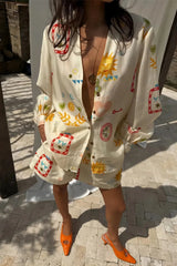 Aiertu - Women Fashion Elastic Waist Two Piece Sets Elegant Floral Print Lapel Long Sleeve Top Short Pants Suit Casual Holiday Outfits Aiertu