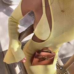 Aiertu - New Spring Sexy Holiday Cut Out Maxi Dress for Women Long Sleeve Beachwear Dresses Yellow Knitted Skinny Elegant Vestidos Aiertu