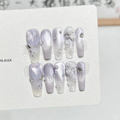 Aiertu 10pcs Aurora Cat Eye Coffin Handmade Press on Nails Cherry Blossom False Nails Sweet French Tip Nail Art Wearable Manicure Nails Aiertu