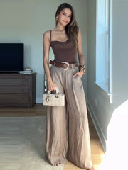 Aiertu - Women's Straight Pants Solid High Waist Belt Pockets Wide Leg Long Trousers Female 2025 Spring Lady Vintage High Street Wears Aiertu
