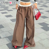 Aiertu - Striped Wide Leg Pants Contrast Color Patchwork High Waist Trousers Brown Vintage Baggy Suit Pants Streetwear Chic New Aiertu