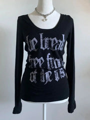 Aiertu - Y2k Spicy Girl Classic Letter Printed Black Splicing Long Sleeves Vintage Slim Fit Comfortable T-shirts Autumn New Base Tops Aiertu
