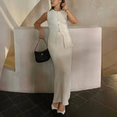 Aiertu - Summer Fashion Knitted Skirt Suit Sleeveless Vest Pocket Slit High Waist Long Skirt Elegant White Ribbed Knitwear Outfits Aiertu
