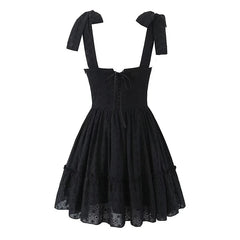 Aiertu - Summer 2025 Women Hollow Out Embroidery Sling Mini Dresses Lacing Up Back A-line Cotton Black White Short Dresses Party Robe Aiertu
