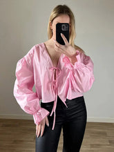 Aiertu - Cotton Bow Lace Up Shirt Women Elegant V-neck Hollow Out Long Lantern Sleeve Shirts 2026 Spring Summer Casual Loose Fashion Tops Aiertu