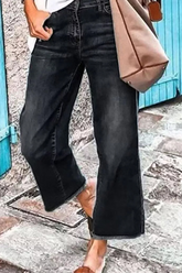Aiertu - Casual Solid Patchwork Mid Waist Straight Denim Jeans Aiertu