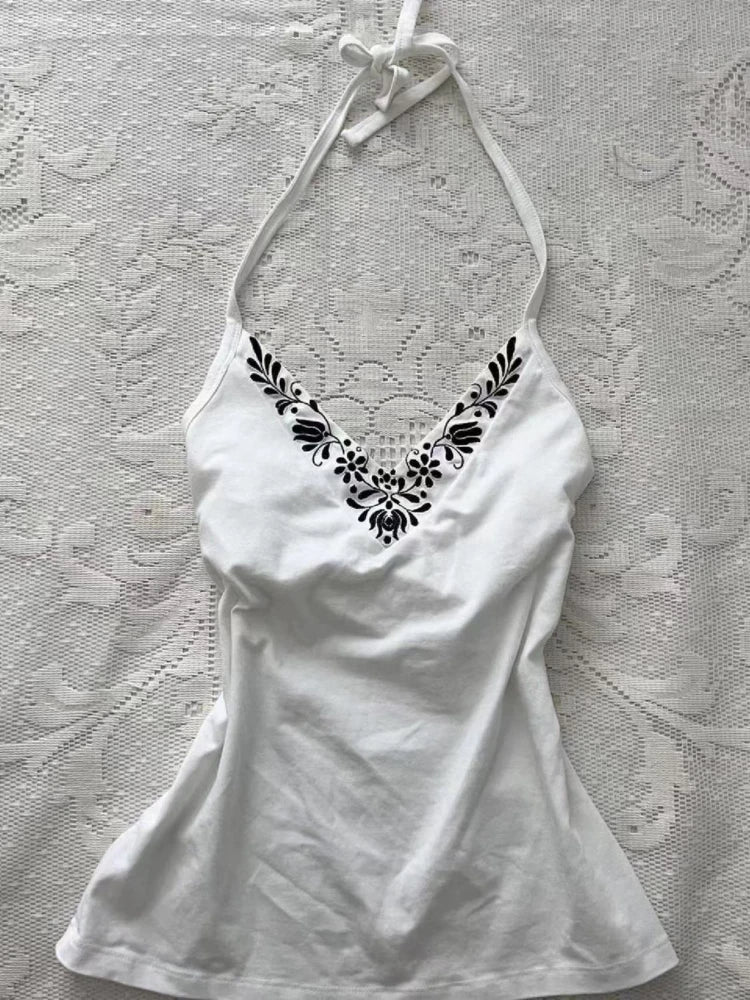Aiertu - Summer Grunge Halter Bandage Fairy Crop Camisoles Sexy Streetwear Backless Vintage Tank Women Y2k Aesthetic Embroidery Top Tanks Aiertu