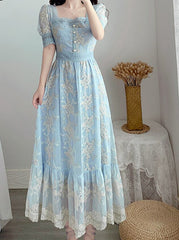Aiertu Sweet Soft Girl A Line Dress Summer Lace Embroidery Button Decor Party Dresses Casual Street Boho Vestidos Midi Feminino Aiertu