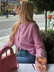 Aiertu - Pink Knit Single Breasted Cardigan Women Casual Round Neck Long Sleeves Sweater Female 2026 Autumn Solid Lady Kintwear Aiertu