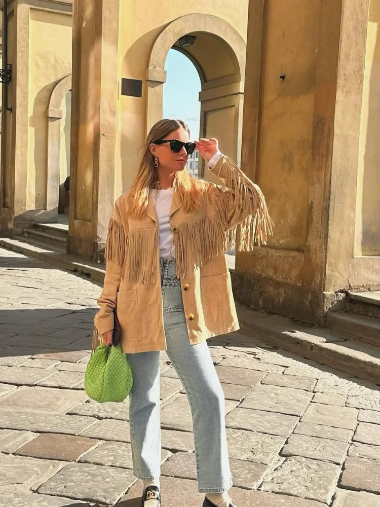 Aiertu - Fashion Tassel Patchwork Single-breasted Jacket Women Casual Lapel With Pockets Long Sleeve Coats Autumn New Lady Chic Outerwear Aiertu