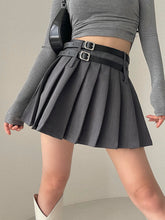 Aiertu Solid Color Double Mini Belt Pleated Mini Skirt Aiertu