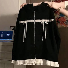 Aiertu - Japan Preppy Style Office Lady Patchwork Lace Appliques Coats Harajuku American Vintage Y2k 2000s Sweatshirts Punk Loose Clothes Aiertu