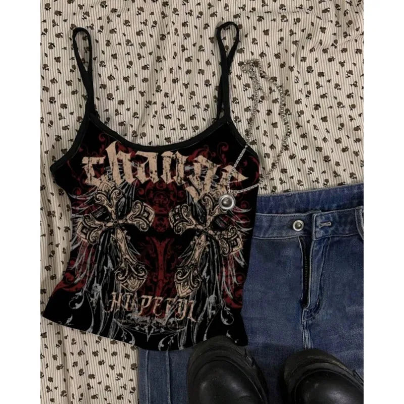 Aiertu - Gothic cross geometric printed sleeveless suspender T-shirts for women in summer new aesthetic casual and comfortable sports top Aiertu