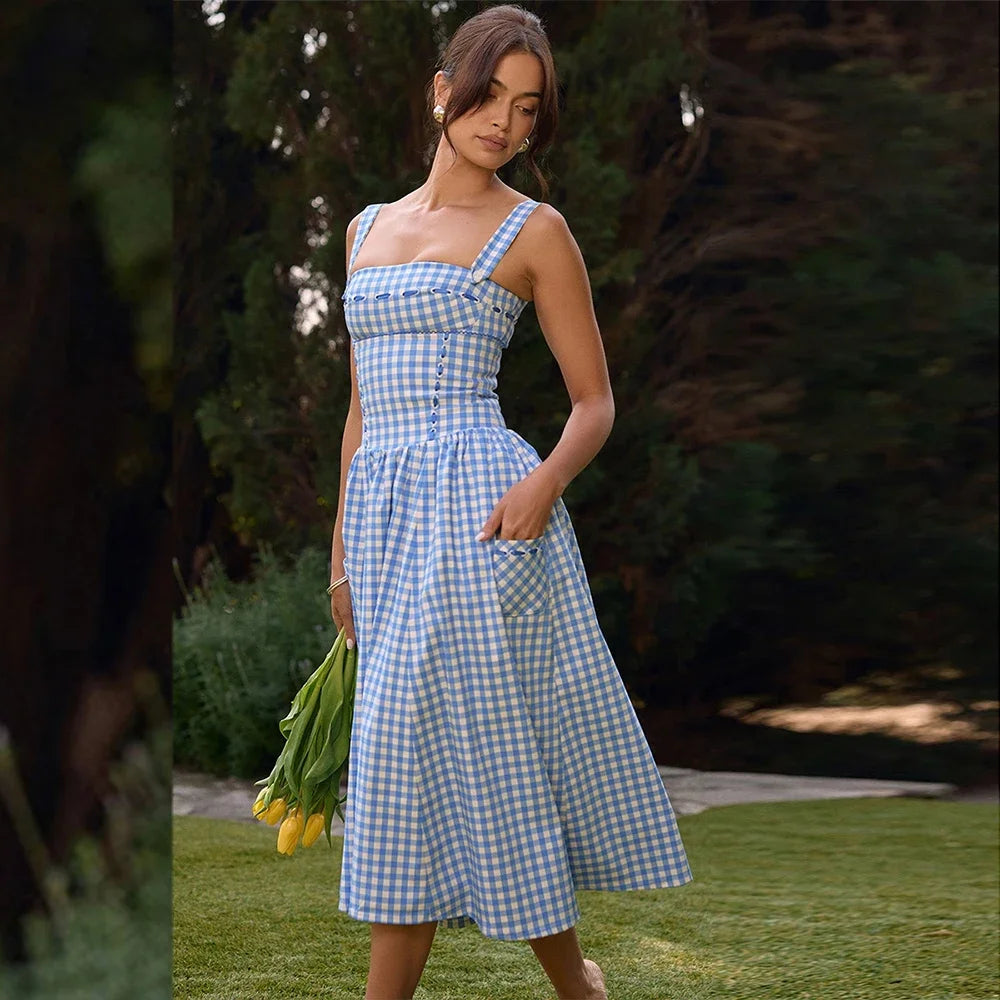 Aiertu - Elegant and Beautiful Women Dresses 2026 Summer Spaghetti Strap Long Plaid Dress with Pocket Female Vacation Dress Aiertu