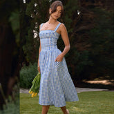 Aiertu - Elegant and Beautiful Women Dresses 2026 Summer Spaghetti Strap Long Plaid Dress with Pocket Female Vacation Dress Aiertu
