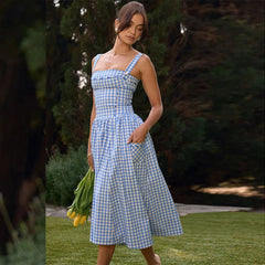 Aiertu - Elegant and Beautiful Women Dresses 2026 Summer Spaghetti Strap Long Plaid Dress with Pocket Female Vacation Dress Aiertu