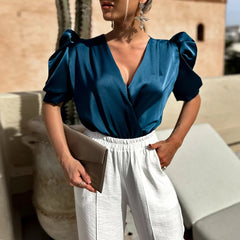 Aiertu - Women Elegant Deep V-neck Satin Blouse 2026 Casual Bubble Short Sleeve Solid Pullover Tops Summer Fashion Draped Commute Shirts Aiertu