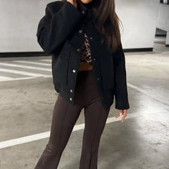 Aiertu - Women Elegant Stand Collar Solid Short Jackets Autumn Casual Long Sleeves Loose Outerwears Winter Fashion Single Breasted Coats Aiertu