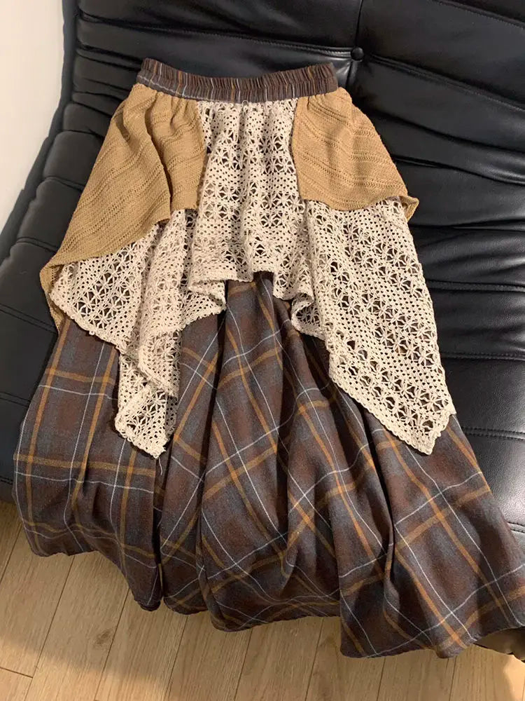 Aiertu - Harajuku Japanese Popular Versatile Hollow Plaid Irregular Design Splicing Skirt Women's Casual Street Fashion Knee-length Skirt Aiertu