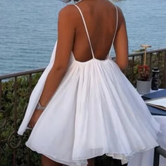 Aiertu - Sexy Backless White Sling Short Dress Women V Neck Sleeveless A-line Loose Summer Dresses Holiday Beach Robe Fairy Vestidos Aiertu
