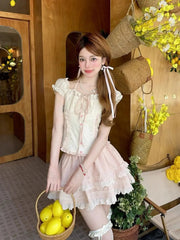 Aiertu - Summer Sweet Girls Two Piece Skirt Sets Lace Splicing Puff Sleeve Slim Shirt Tops + High Waist A Line Mini Skirt Outfits Aiertu