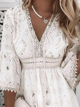 Aiertu - Elegant Lace Mini Dress Women Three Quarter Sleeve Dress Female V Neck Patchwork Lace Up Dress Ladies Vacation Beach Dress Aiertu