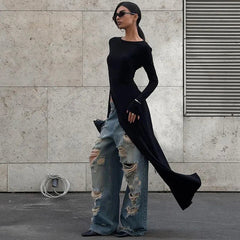 Aiertu - Asymmetrical Long Sleeve Black Dress Fashion Outfits Round Neck Chic Top Club Party High Rise Split Dresses Fall Aiertu