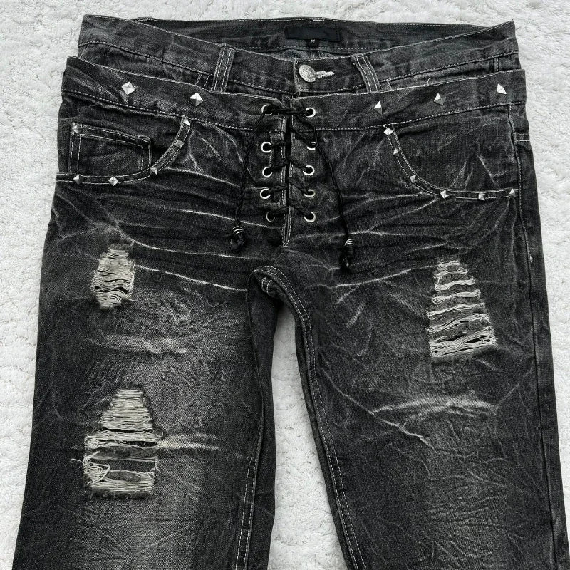 Aiertu - Streetwear Washed Jeans for Mens and Womens Goth Harajuku Retro Double Waist Lace Up Jeans Hip Hop Punk Ripped Wide Leg Trousers Aiertu