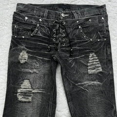 Aiertu - Streetwear Washed Jeans for Mens and Womens Goth Harajuku Retro Double Waist Lace Up Jeans Hip Hop Punk Ripped Wide Leg Trousers Aiertu