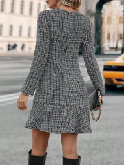 Aiertu - Stripe Knit Elegant Mini Dress Female High Waist Patchwork Ruffle Short Dresses Women's Commuting Vintage Knitwear Dress Aiertu