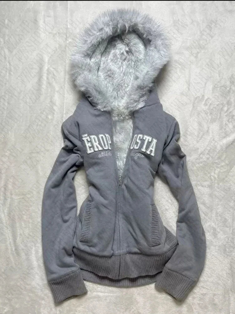 Aiertu - Y2K Zipper Gothic Letter Printed Fur Collar Hoodie Slim Fit Comfortable Casual Grey Sportswear Warm Top Women Cardigan Aiertu
