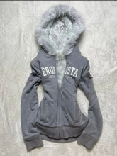 Aiertu - Y2K Zipper Gothic Letter Printed Fur Collar Hoodie Slim Fit Comfortable Casual Grey Sportswear Warm Top Women Cardigan Aiertu