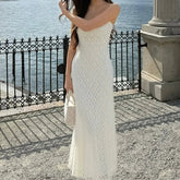 Aiertu - French Elegant Mesh Lace Dress Woman White Outfits Summer Spaghetti Strap Backless Fishtail Long Dresses P16-DD40 Aiertu