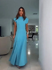 Aiertu - Chic Solid Pocket High Split Maxi Dress for Women Casual O-neck Zip-up Elegant Dress Summer Holiday Party Evening Dress Woman Aiertu
