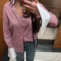 Aiertu - Women's Striped Shirt Fashion Loose Single Breasted Long Sleeved Top Office Lady Simple Splicing Long Shirt Female Aiertu
