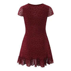 Aiertu - Summer Women Short Sleeve Bow V Neck A-line Mini Dress Lady High Waist Hem Ruffle Floral Wine Red Dresses Vintage Robe Aiertu