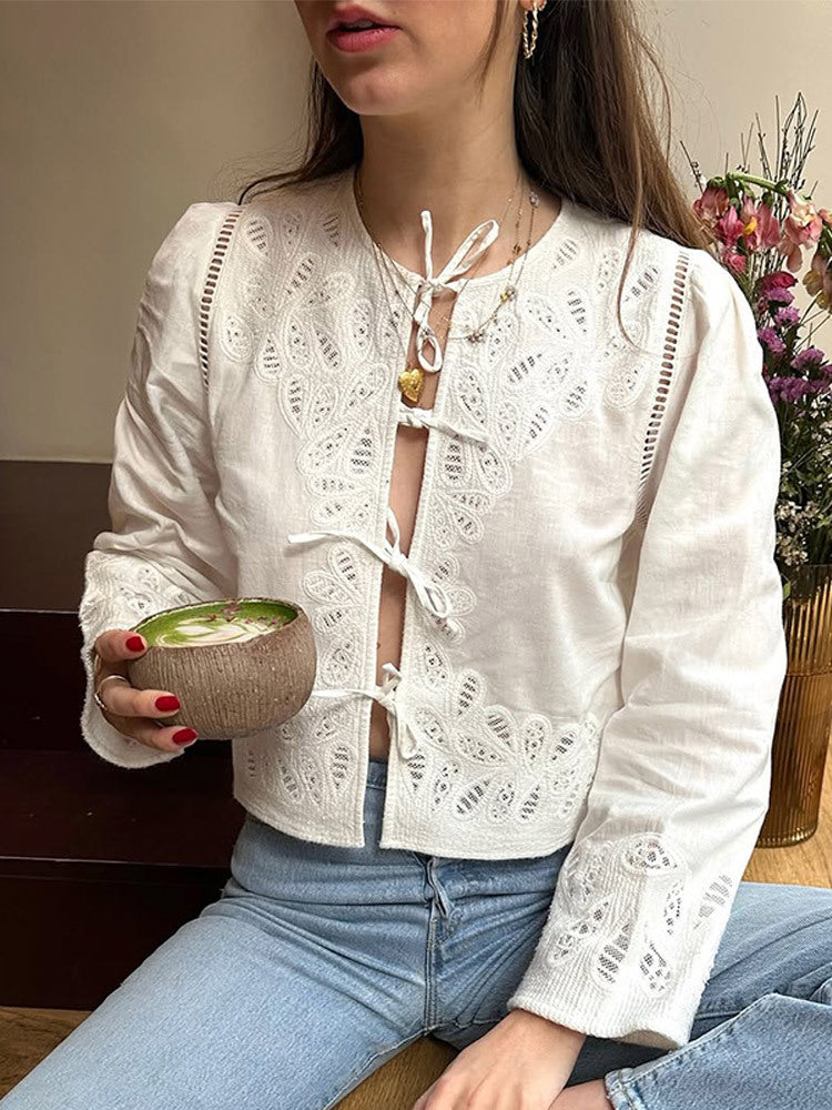 Aiertu - Elegant Embroidered Hollow Out Shirt Women Vintage White O-neck Lace Up Short Shirts Female Spring Versatile Chic Street Tops Aiertu