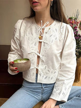 Aiertu - Elegant Embroidered Hollow Out Shirt Women Vintage White O-neck Lace Up Short Shirts Female Spring Versatile Chic Street Tops Aiertu