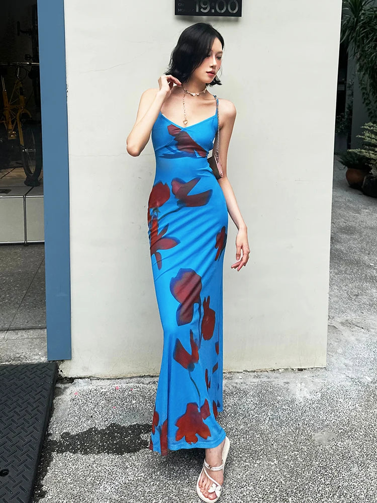 Aiertu - Print Maxi Dress Women Lace-Up Cross Backles Double Deck Skinny Tight Stretch Beach Vacation Summer Trend Vestidos Aiertu